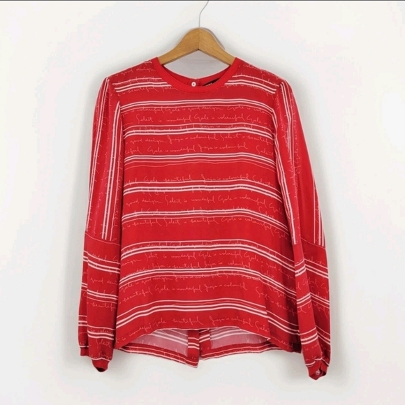 Maje Womens Medium Red White Stripe Split Back Star Snap Long Sleeve Blouse - Picture 1 of 16